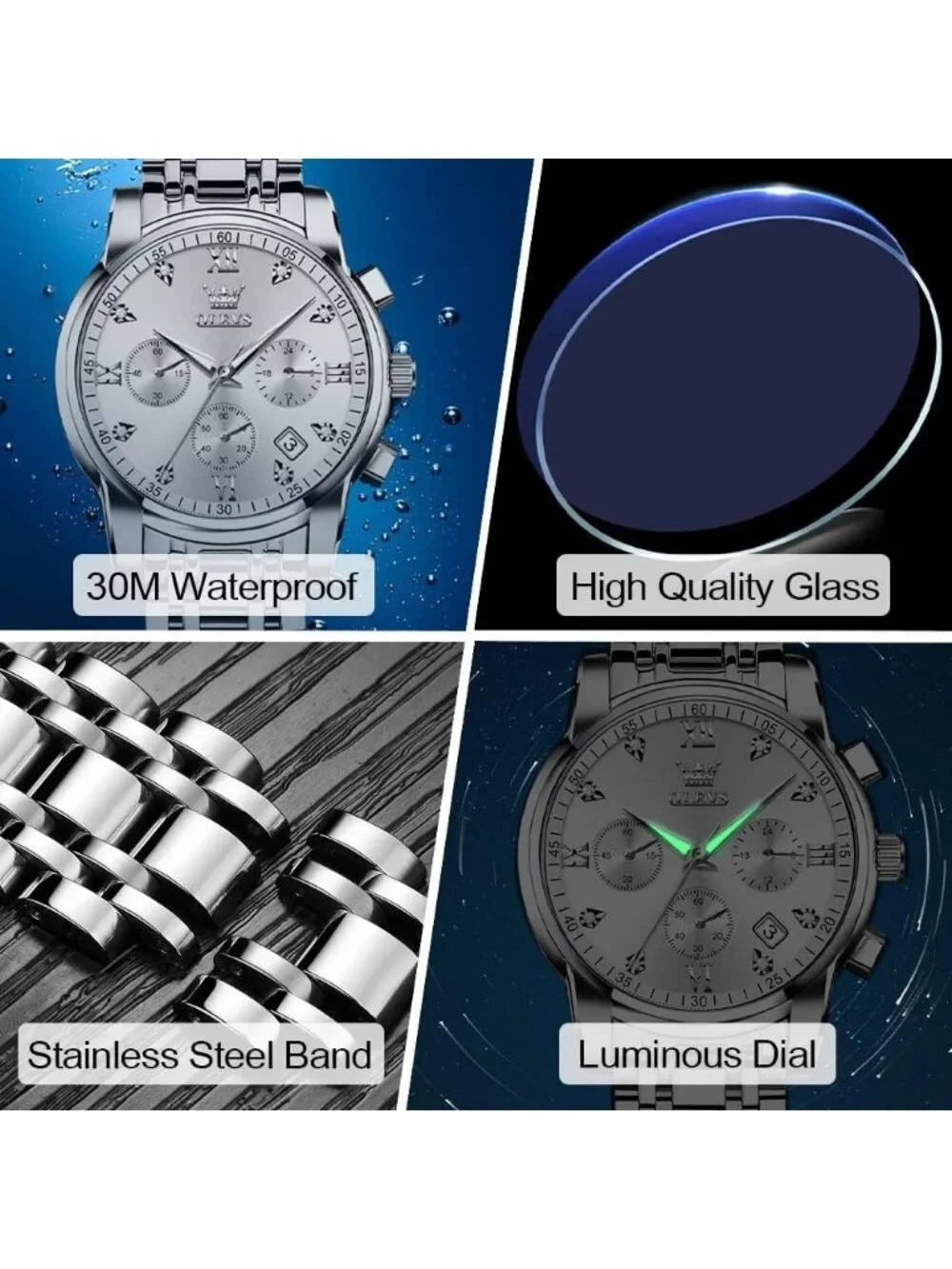 Men's White Face/Silver Strap Stainless Steel Chronograph Waterproof  Watch